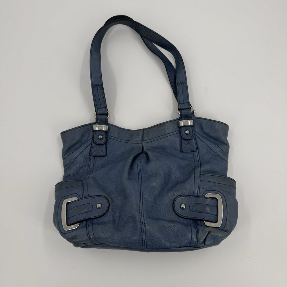 B Makowsky Blue Leather Shoulder Bag Tote Handbag Buckle Accent